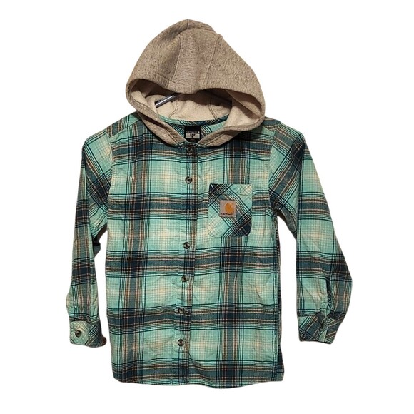 Carhart Flannel Hooded Shirt Button Front Mint Green Plaid Girls Size S/8 - Picture 1 of 7